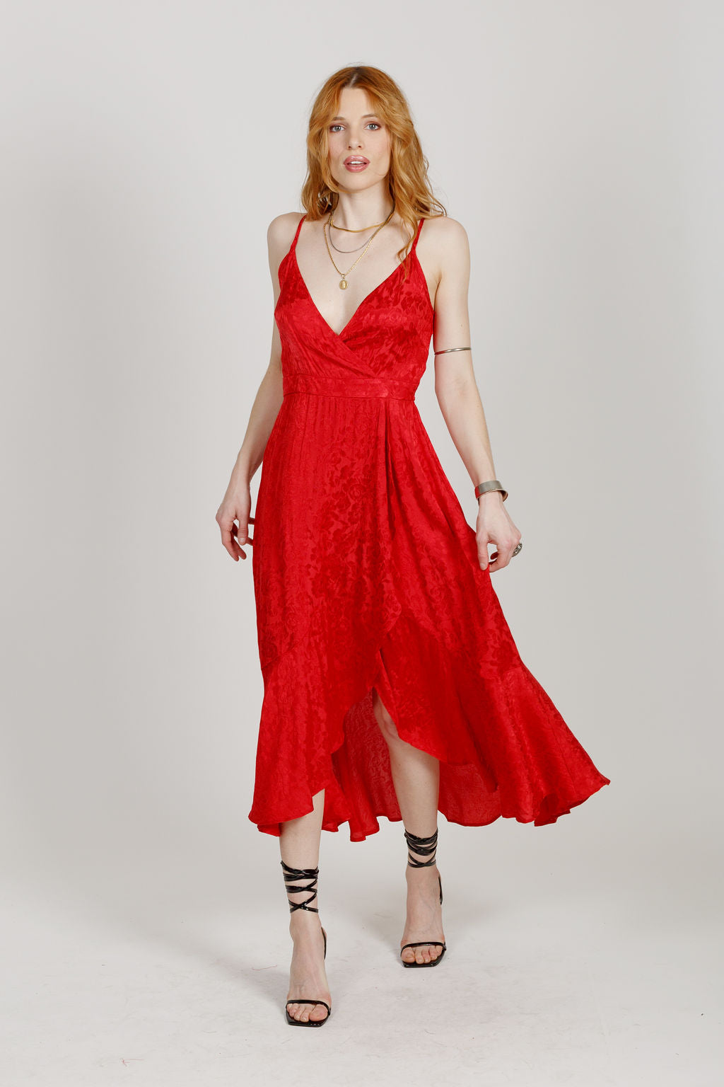 red midi wrap dress Boho Pink Lush Full Potential Ruby Red Wrap Long Sleeve Midi Dress - Size M - Dresses