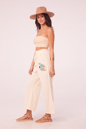 Bolinas Ivory Floral Embroidered High Waisted Pants