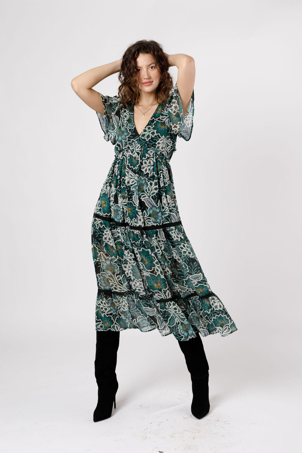 Chelo Emerald Floral Tiered Midi Dress - band of the free Chelo Emerald Floral Tiered Midi Dress - band of the free