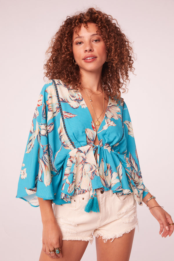Escobilla Turquoise Floral Batwing Top