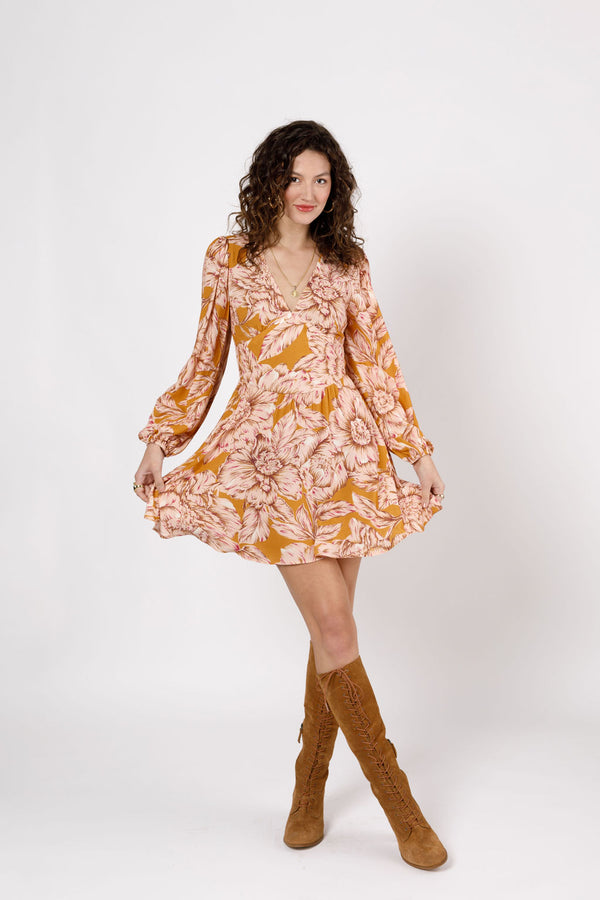 Jo Gold Floral Long Sleeve Mini Dress