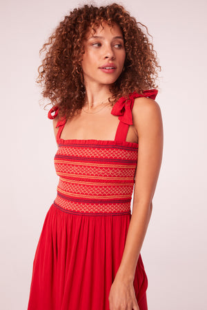 Montauk Red Contrast Embroidery Midi Dress