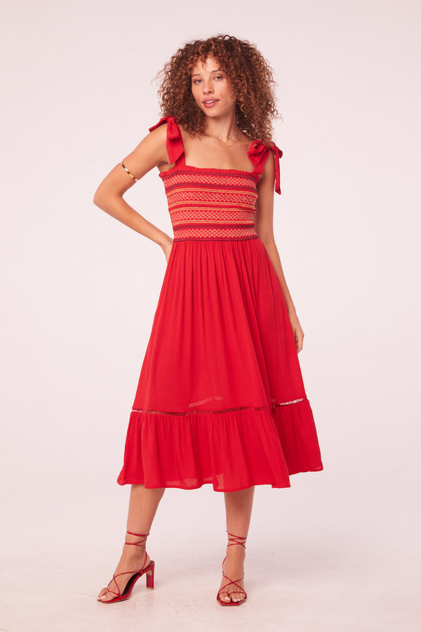 Montauk Red Contrast Embroidery Midi Dress