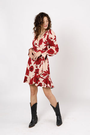 Shania Garnet Floral Long Sleeve Mini Dress