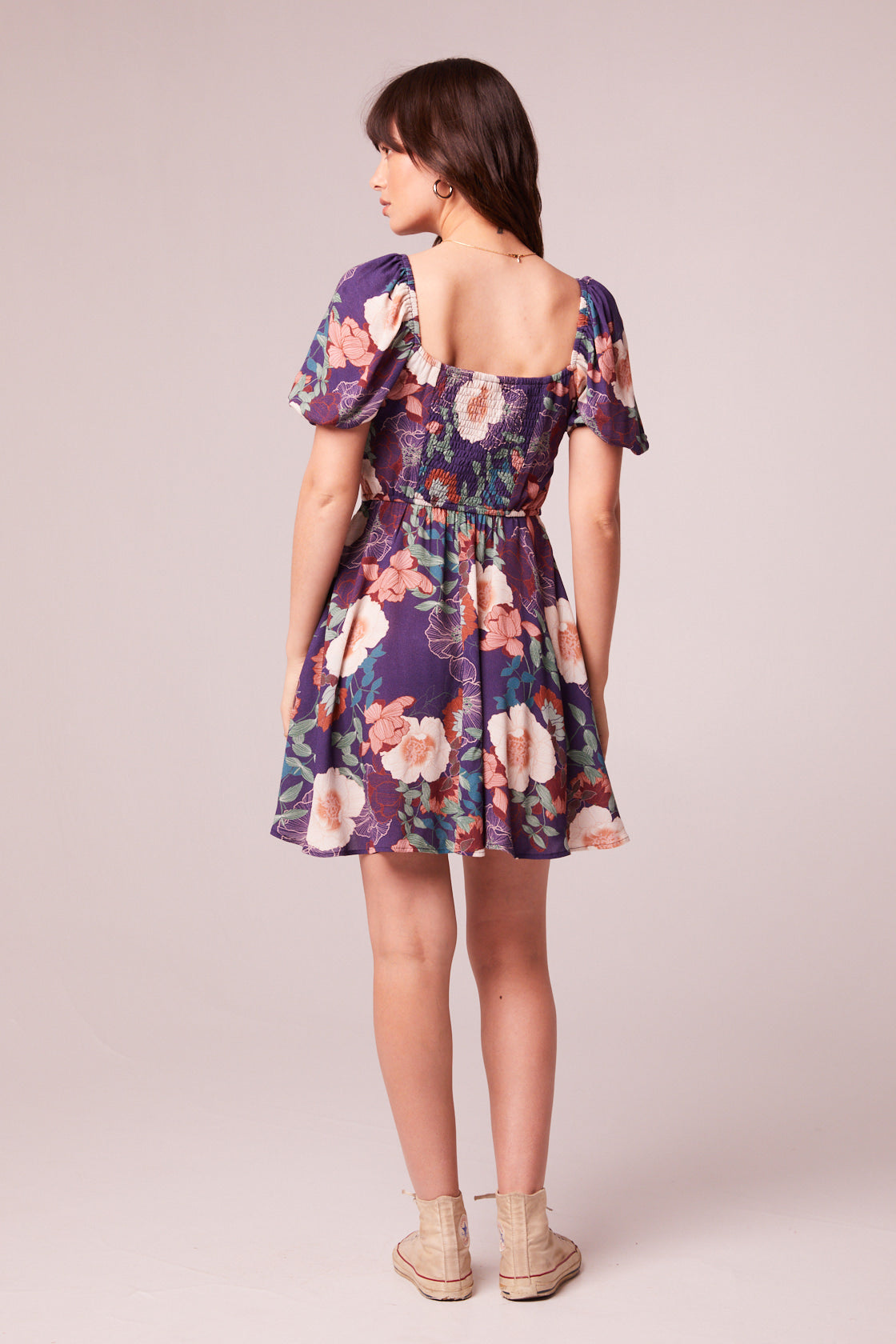 Aimee Purple Floral Puff Sleeve Mini Dress band of the free