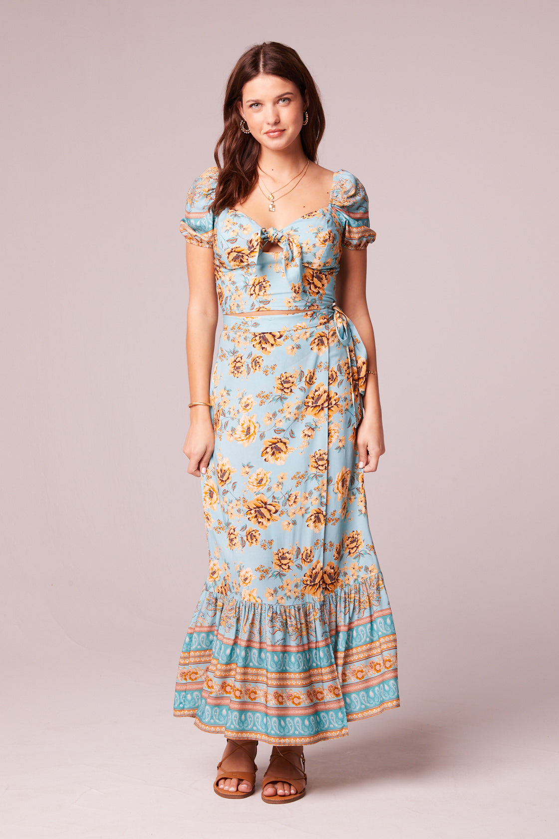 Aitana Light Teal Floral Puff Sleeve Top