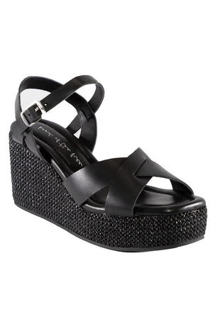 Antares Black Leather Wedge Strappy Sandal