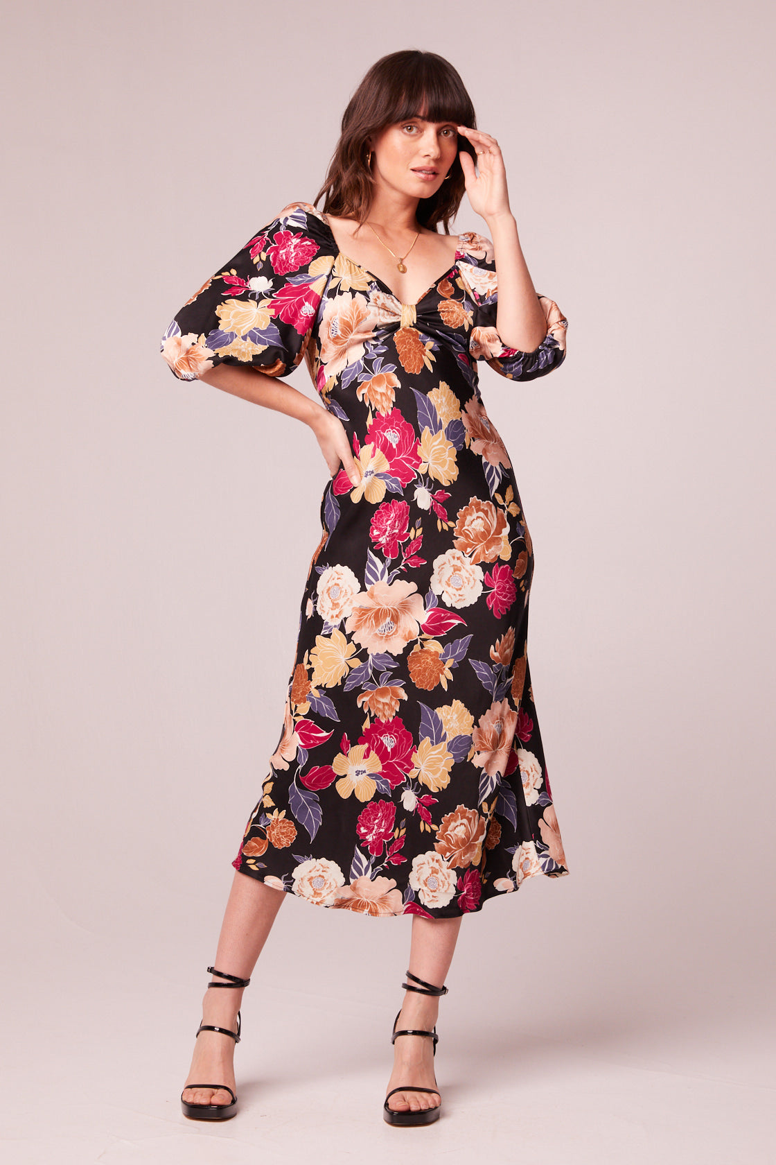 Astrid Black Floral Puff Sleeve Midi Dress Astrid Black Floral Puff Sleeve Midi Dress