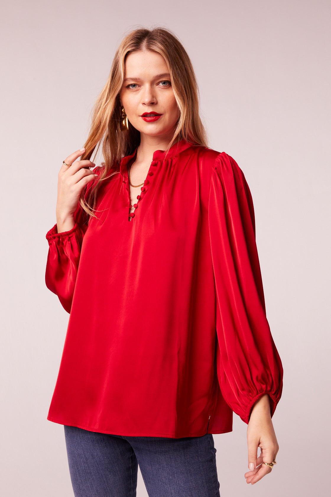 red satin long sleeve blouse