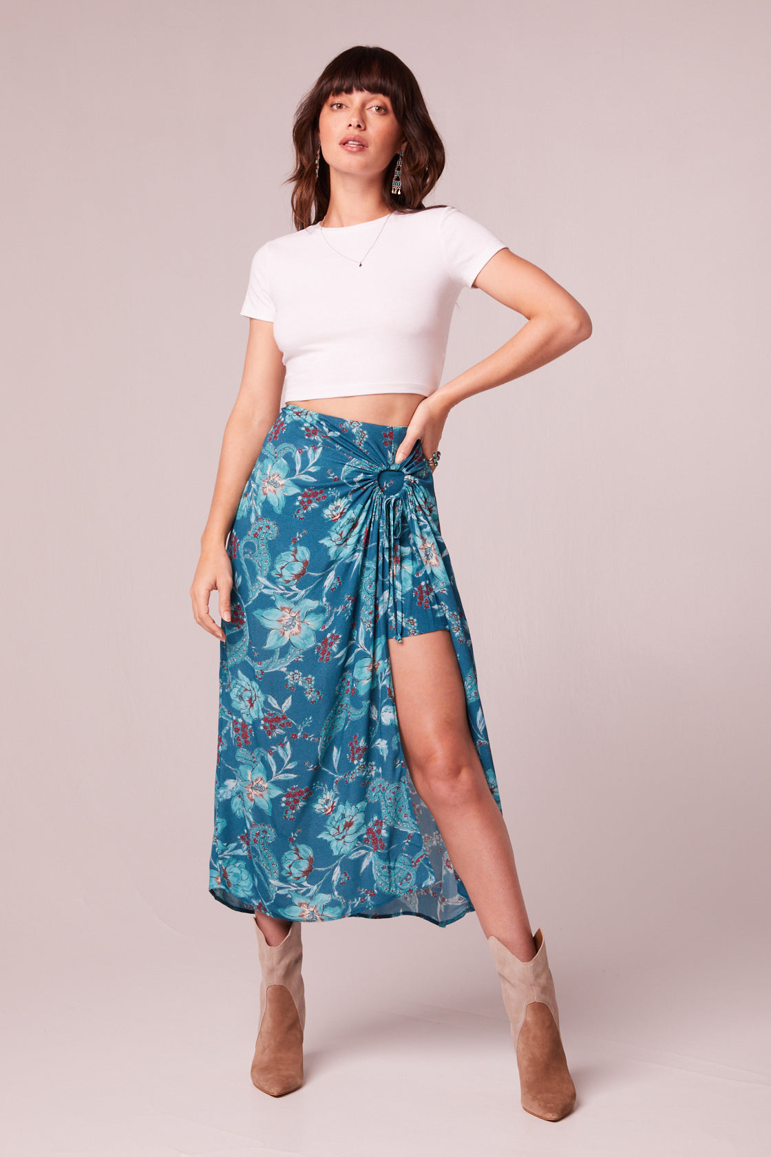 Celene Teal Floral Layered Midi Skirt - band of the free