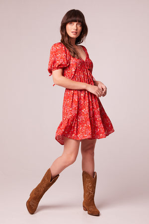 Desiree Crimson Floral Puff Sleeve Mini Dress