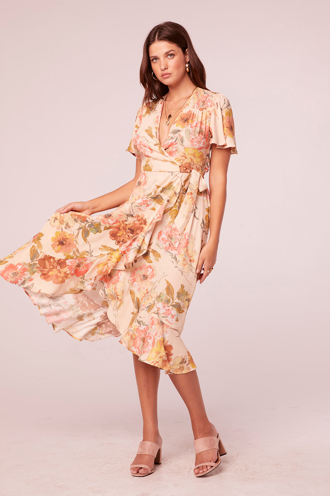 Devica Parchment Floral Wrap Midi Dress