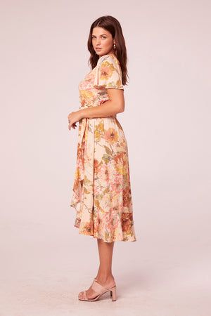 Devica Parchment Floral Wrap Midi Dress