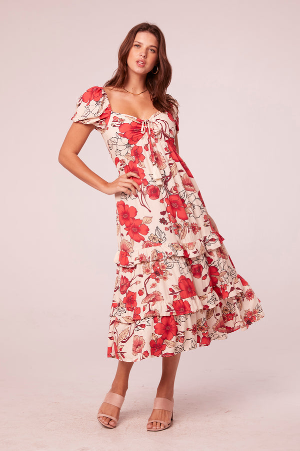 Divya Hot Coral Floral Tie Front Midi Dress