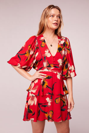 Dolly Red Floral Puff Sleeve Mini Dress