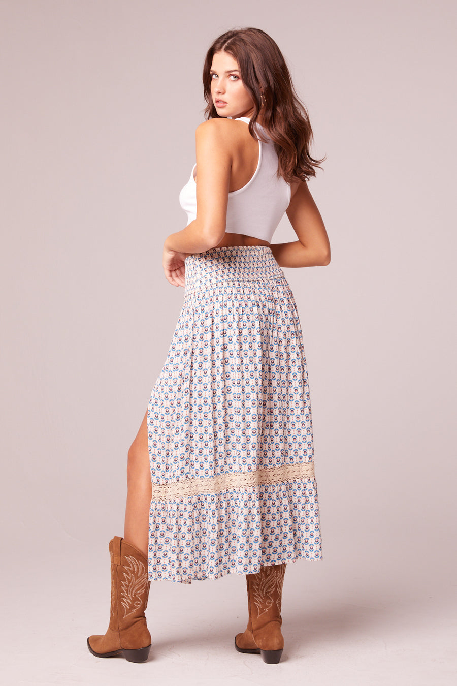 Freedom Egret Smocked Waist Midi Skirt
