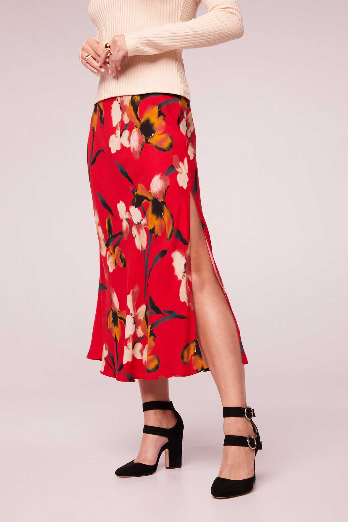 Heart Beat Red Floral Midi Skirt band of the free