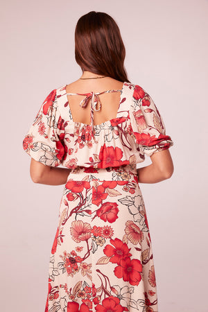 Kavi Hot Coral Floral Puff Sleeve Top