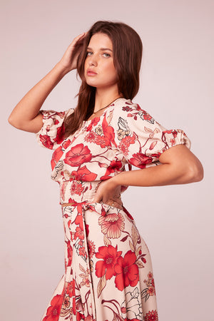 Kavi Hot Coral Floral Puff Sleeve Top