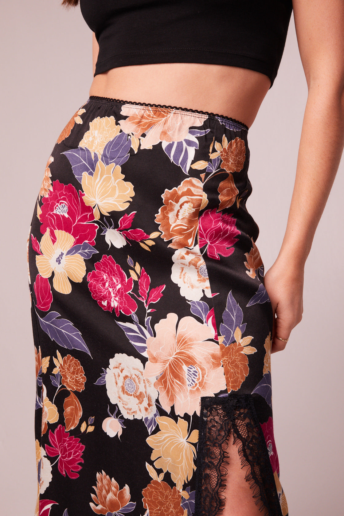 Lilou Black - Skirt band Floral Slip Midi free Lace of the