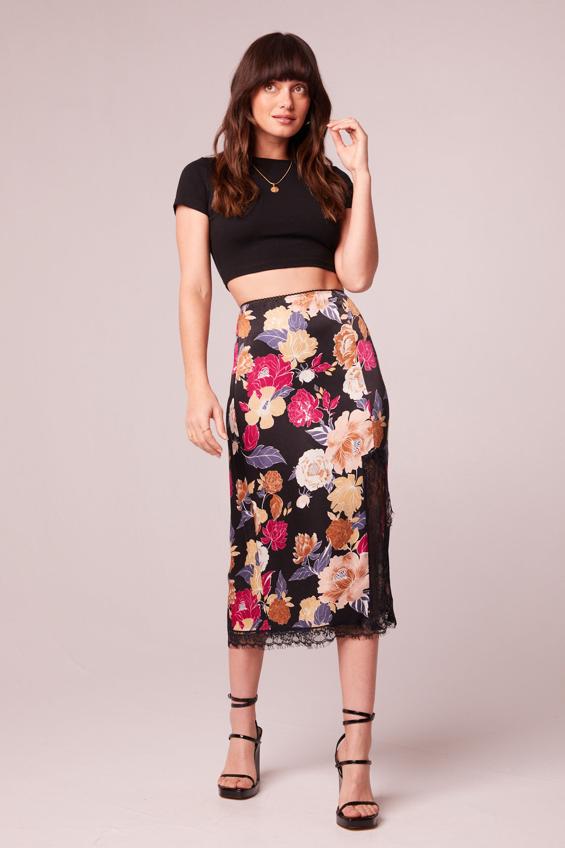 Lilou Black Floral Lace Slip Midi Skirt band of the free