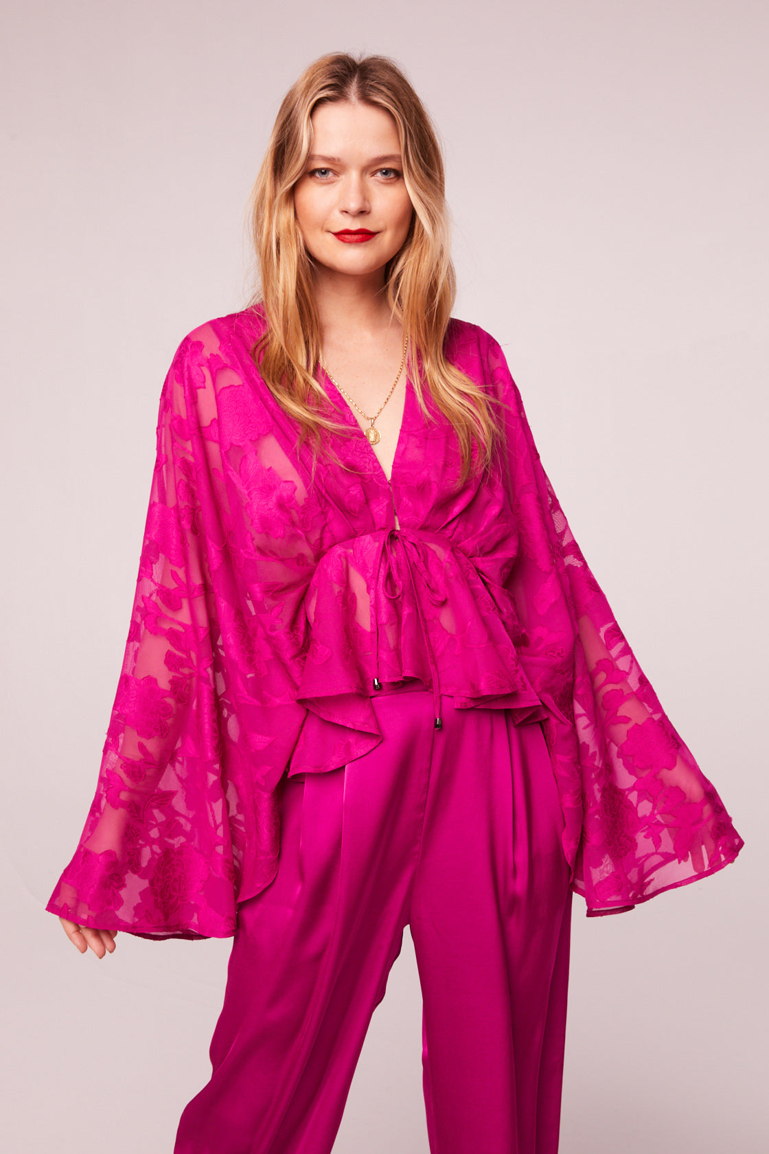 Fuchsia Pantsuit with Floral Blouse