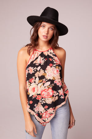 Once In A Lifetime Black Floral Handkerchief Top Front