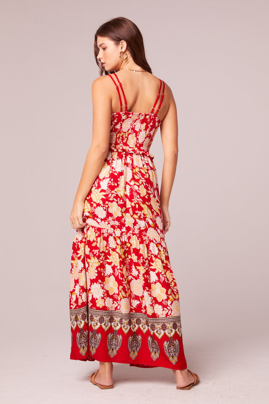 Reflections Red Floral Smocked Waist Maxi Dress