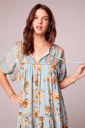 Rosa Light Teal Border Midi Dress