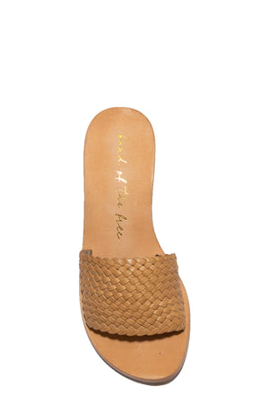 Sandia Tan Leather Woven Slide Heel