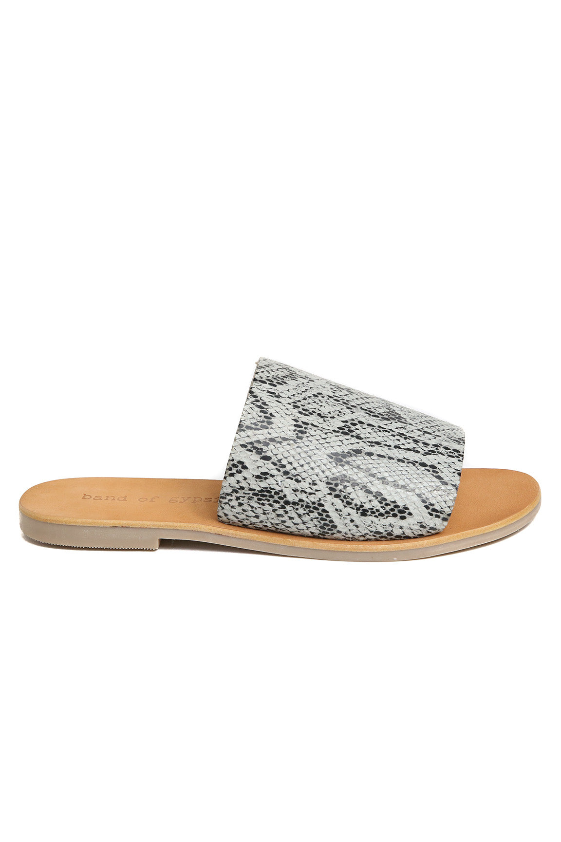 Speedway Black and White Snakeskin Slide Sandal band of the free