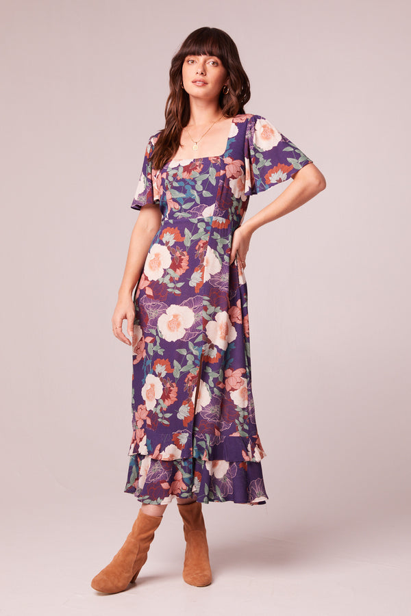 Thea Purple Floral Square Neck Midi Dress